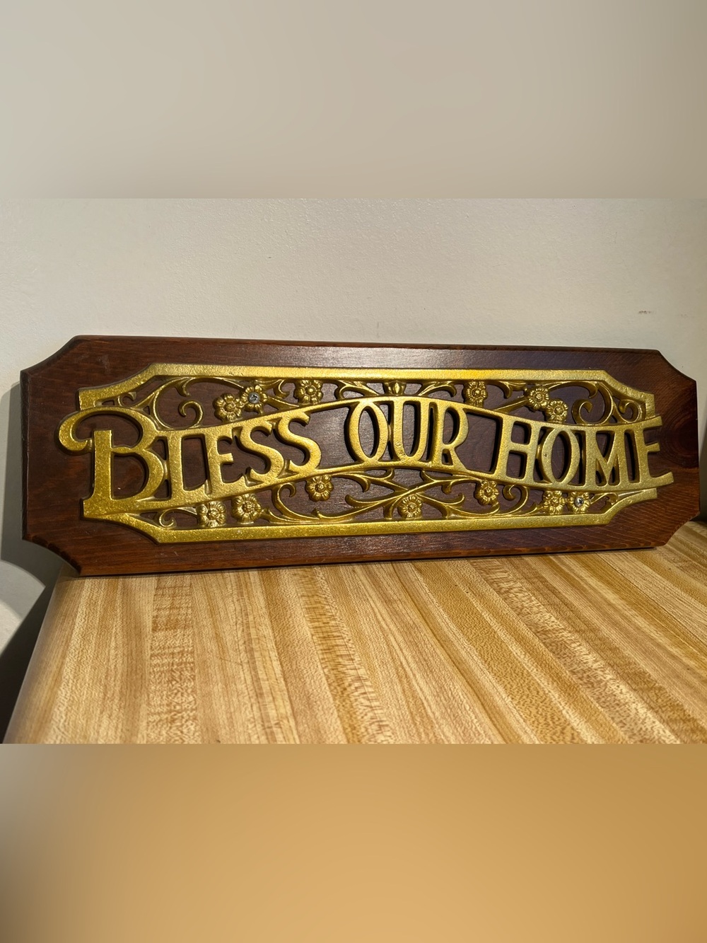 Bless Our Home Gold Tone Wall Plaque on Wood Decor